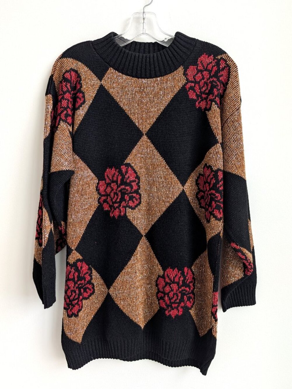 Vintage 80s DANA SCOTT Metallic Harlequin Rose Tunic Sweater | Size M/L